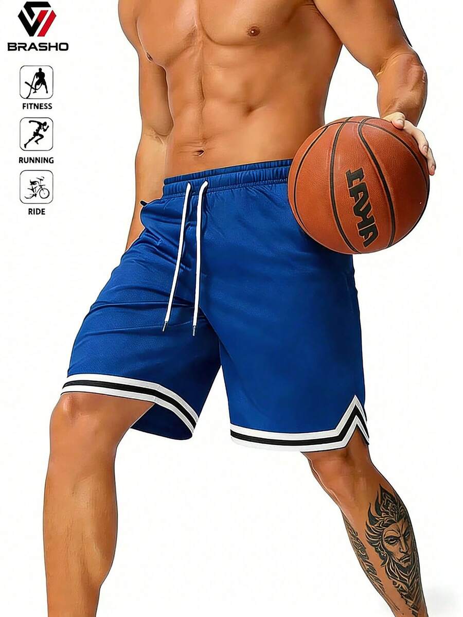 Celana Pendek Basket Olahraga Kasual Musim Panas Pria, Celana Pendek Selutut dengan Tali Serut, Jaring Elastis, dan Cepat Kering - Biru - View 1