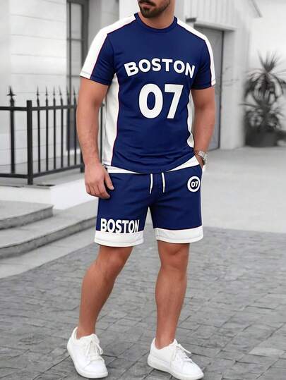 男士字母数字印花圆领短袖休闲T恤和抽绳短裤套装，适合夏季穿着