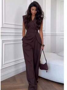 Women's Business Casual Suit Vest + Pants Set, Solid Color Elegant Formal Blazer Vest And Trousers Two Pieces Outfit For Business Meetings, Casual Gatherings, Office, Dating, Street, Airport, Spring/Summer - 咖啡 - 查看 4