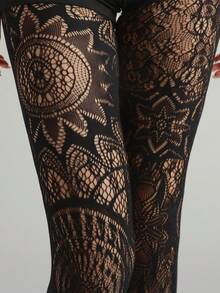1 pièce Pantalon skinny élastique pour femme, collants résille jacquard vintage à motif tournesol, collants fins et sexy de style gothique, collants noirs, polyvalents pour le printemps/l'été, convenant pour Halloween, les fêtes, les sorties, assortis avec une jupe/un pantalon - Noir - Voir 5
