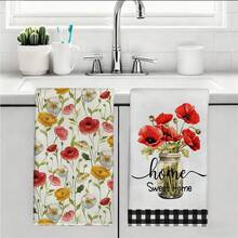 MEMNUN 2条水彩复古黄红梅森罐花卉图案“家，甜蜜的家”印花厨房毛巾，尺寸为15.75*23.62英寸（40*60厘米），柔软超细纤维材质，是厨房和餐厅装饰的理想之选，四季皆宜 - 彩色 - 查看 10
