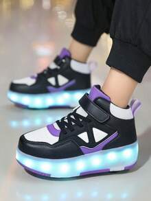 青少年轮滑鞋、旱冰鞋、四轮滑冰鞋、小型四轮鞋、LED充电发光鞋 - 紫色 - 查看 6