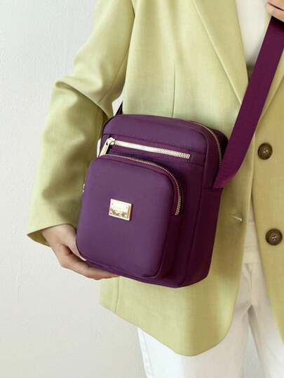 1pc New Fashionable Solid Color Nylon Zipper Closure Multi-Layer Backpack, Women's Shoulder Crossbody Bag For Carrying Phone, Umbrella And Other Daily Essentials, Suitable For Commuting, Work, Casual, Shopping