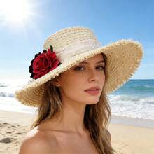 Women's Summer Straw Hat Wide Brim Beach Cap Lightweight Sun Hat With Black And Red Flowers - trắng - Xem 1