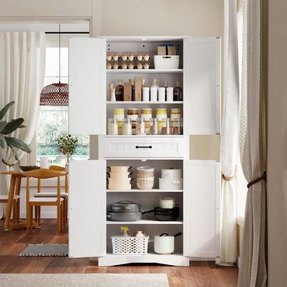 Asofer Armadio alto con 4 ante e cassetto, ripiani regolabili in altezza - Credenza multifunzionale per cucina, sala da pranzo, soggiorno, 73x39x180cm