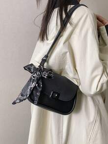 1 件复古纯色软边 PU 马鞍包迷你磁扣翻盖肩带可调节肩包，适合女士日常休闲使用 - 黑色 - 查看 2