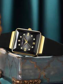1件装奢华优雅女士石英表，方形表盘，镶嵌闪亮钻石的混合刻度，镀金合金表壳，精致简约风格，完美搭配现代休闲装束。 - 黑色 - 查看 5
