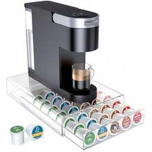 Cajón acrílico para tazas K capacidad de 35 cápsulas debajo de la cerveza organizador de cápsulas de café para encimera soporte de cafetera transparente resistente y almacenamiento de estación - vidrio transparente - Ver 1