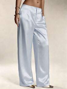 女士缎面真丝纯色长裤，带口袋和拉链，适合度假、办公、早午餐、机场等场合，四季皆宜，春季百搭。 - 霧霾藍 - 查看 3