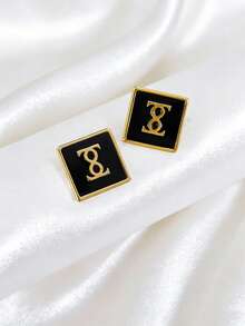 一对黑色水滴墨水字母耳钉，简约金色几何方形无限符号耳环，精致日常、派对、节日珠宝礼物 - 黑色 - 查看 3