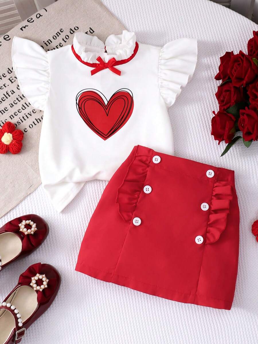 Bộ 2 món cho bé gái gồm áo thun tay ngắn in hình trái tim dễ thương có nơ và chân váy xếp ly, thích hợp cho mùa hè. - Đỏ - Xem 1