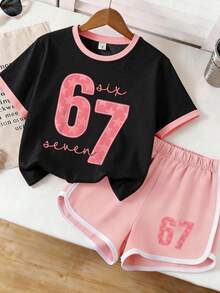 Set de 2 piezas de camiseta de manga corta con bloques de color + pantalones cortos para niñas, estampado de estrellas 67, suelto y transpirable, de moda y lindo, conjunto de verano versátil - Multicolor - Ver 1