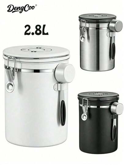 Dengcoo 1个2.8升咖啡罐，密封咖啡豆储存容器，不锈钢厨房食品储存罐，带日期追踪器和勺子，适用于研磨咖啡、咖啡豆、茶叶、糖、面粉、谷物等。