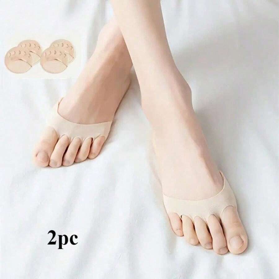 2 Pairs Of Breathable Front Foot Pads, With Thumb Separators - Anti-Slip Foot Support, Invisible Comfort, Suitable For Ladies' High Heels, Black And Beige, Elegant Design, Suitable For Casual Wear, High Heel Socks, Comfortable Heel, Minimalist Heel Design, Flexible Heel Support - 米色調 - 查看 1
