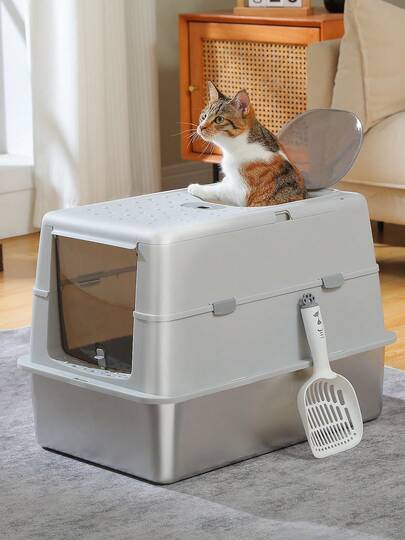PAWZ Road 96L Stainless Steel Cat Litter Box, Large Enclosed Litter Box With Front & Top Entry, Non-Sticky Metal Bottom With High Sides And Scoop, Easy To Clean, Anti-Leakage For Large Cats