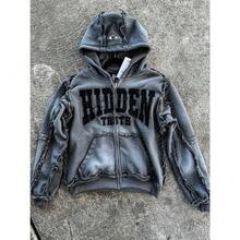 Men's & Women's High Street Retro Hooded Zipper Sweatshirt, Loose Casual Cardigan Jacket Top - 灰色 - 查看 4