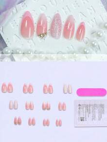 24pcs Medium Almond Shaped Press-On Nails, Romantic Pink Heart & Sparkling Rhinestone Decor, Create Romantic Style, Ideal Valentine's Day Manicure Gift - Multicolor - View 3