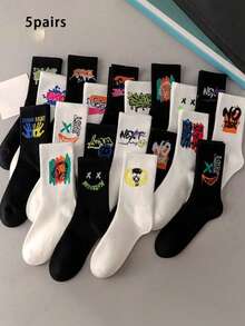5 Pairs Random Ghost Face Print Thin Crew Socks For Men, Suitable For Daily Wear, Black & White, Summer - Multicolor - View 5