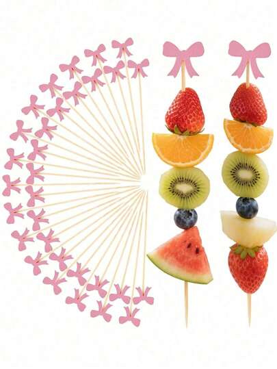 10/100pcs Pink Bow Toothpicks, Elegant Pink Bow Cocktail Picks, Bamboo Toothpicks, Suitable For Birthday Party Supplies, Can Be Used For Drinks, Appetizers, Baking, Wedding Desserts, Parties, Cakes And Cupcake Decorations, And Party Foods