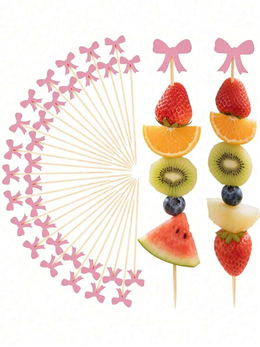 10/100pcs Pink Bow Toothpicks, Elegant Pink Bow Cocktail Picks, Bamboo Toothpicks, Suitable For Birthday Party Supplies, Can Be Used For Drinks, Appetizers, Baking, Wedding Desserts, Parties, Cakes And Cupcake Decorations, And Party Foods - Multicolor - View 1