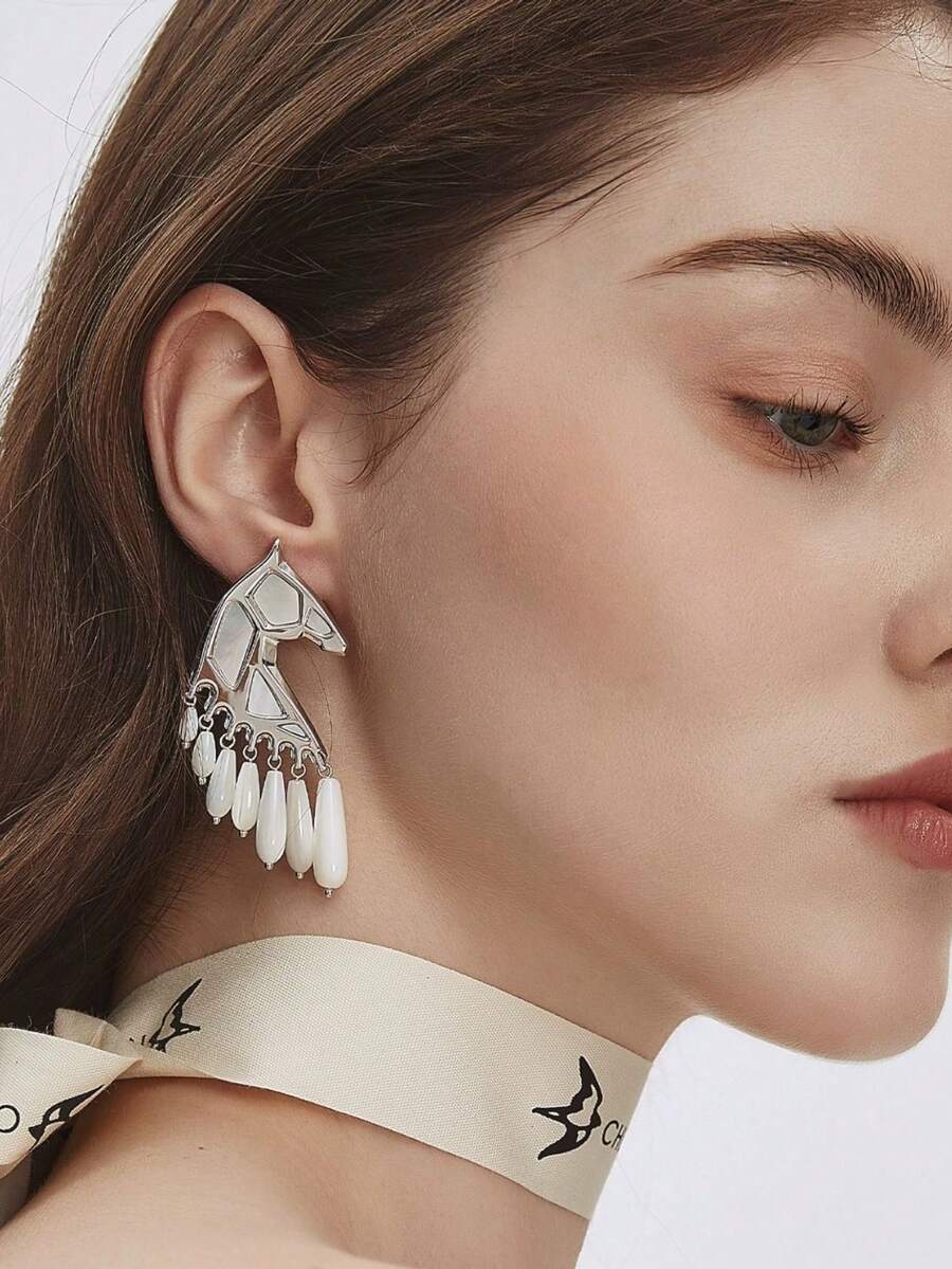 马形流苏耳环，新年礼物 - 銀色 - 查看 1