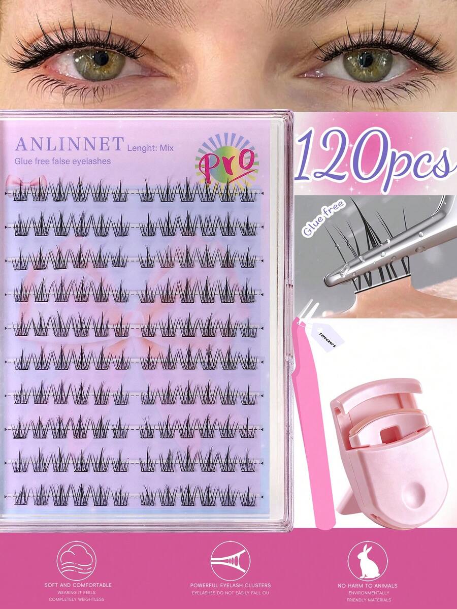 anlinnet 120片自粘式假睫毛簇，蓬松柔软，8-12毫米混合长度套装，无需胶水，蓬松单根假睫毛，自粘式DIY睫毛嫁接，预涂胶睫毛簇，自然纤长睫毛，C型卷翘睫毛簇，无需胶水，无需卸妆产品。假睫毛，睫毛簇，单根假睫毛，假睫毛。 - 查看 1