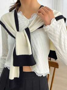 Dual-Color Knitted Shawl, Fashionable And Versatile Women's Shoulder Shawl Spring And Summer - Beige - 查看 6