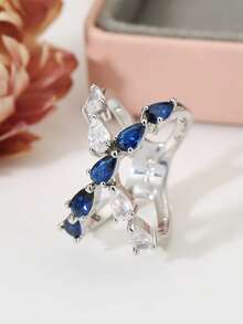 1pc Fashion Blue Cubic Zirconia Pear-Shaped Copper Ring, Suitable For Women's Daily Wear, Wedding, Engagement, Party Jewelry, Valentine's Day Gift - Silver - View 2