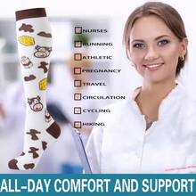 6双装奶牛纹过膝压缩袜，男女通用，适合运动、骑行、徒步、护理等场合，可爱动物图案，2026新款设计，生日礼物压缩袜 - 彩色 - 查看 4