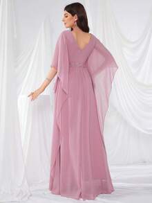 UNITHORSE V领前后褶裥腰部刺绣串珠喇叭形伴娘礼服 - 粉色 - 查看 2