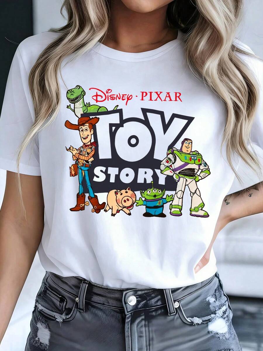 Disney Womens Casual Toy Story Graphic Print Short Sleeve Cotton Round Neck T-Shirt - 白色 - 查看 1