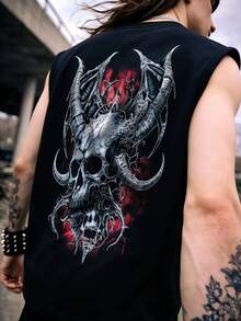 Camiseta de tirantes con estampado de calavera y cuernos gótico oscuro para hombres, camisa sin mangas de estilo punk callejero, ajuste regular de chaleco musculoso - Negro - Ver 3