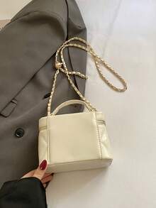 Women Quilted Diamond Pattern Box Bag Top Handle Handbag Elegant Shoulder Bag - Beige - View 7