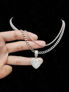 2pcs/Set - 1pc Cubic Zirconia Heart Pendant & 2pcs Stainless Steel Necklaces, Women's Hip Hop Pendant Necklace, Fashionable Retro Pendant Necklace, Suitable For Daily Wear Or Parties, Valentine's Day Gift 1YNA - 黃金 - 查看 7