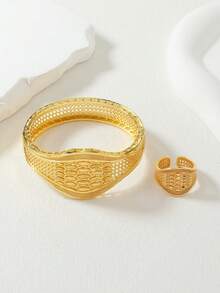 2pcs Middle Eastern Saudi Arabia Ramadan Style Gold-Plated Copper Women Bangle And Ring Jewelry Set, 1 Bangle And 1 Ring - Yellow Gold - View 3