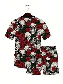 Men's Plus-Size 3D Printed Skull And Rose Pattern T-Shirt And Shorts Set, Made Of Polyester. Suitable For Summer Sports, And Also Makes A Great Party Or Travel Gift. Machine Washable. - 彩色 - 查看 5
