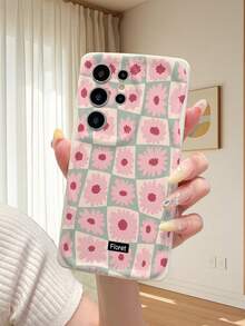 1pc Asymmetrical Floral Pattern Cream Marble Texture Thick Anti-Drop Lens Protection Phone Case, Suitable Compatible With Iphone/ Galaxy/Transsion, Fashionable And Protective Choice For Users - White - View 5