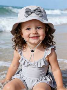 可爱格纹蝴蝶结渔夫帽，女婴款，可调节宽檐防晒帽，带下巴系带，适合户外和海滩佩戴 - 蝴蝶結 - 查看 2