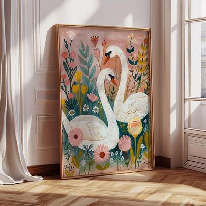 1 adet Çerçeveli/Çerçevesiz Çiçekli Kuğu Halk Sanatı Çocuk Odası Kanvas Posteri Rahat Hayvan Kuş Kır Evi Tarzı Duvar Sanatı Baskısı Estetik Dekor Vintage Tablo Apartman, Oturma Odası, Yatak Odası, Modern Ev Dekorasyonu için