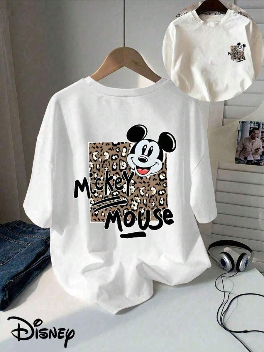 Disney (Loose Version) Mickey Mouse Leopard Print Short Sleeve T-Shirt For Women Cut Cotton Round Neck Top Summer And Spring, Short-Sleeved Tops, Ladies' Clothes, Holiday Gift Party Clothes. - 白色 - 查看 1