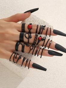 Juego de 27 piezas de anillos elegantes y lujosos para mujer con incrustaciones de cristales de colores con diseños geométricos de serpiente, mariposa y corazón - Negro - Ver 4