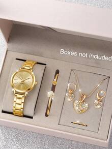1 chiếc đồng hồ đeo tay nữ bằng thép không gỉ, máy quartz, mặt số tối giản + bộ 6 món trang sức - Vàng - Xem 5