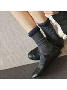 5双装女士藏蓝色复古中筒袜，经典休闲款式，适合秋冬季日常穿着 - 彩色 - 查看 3