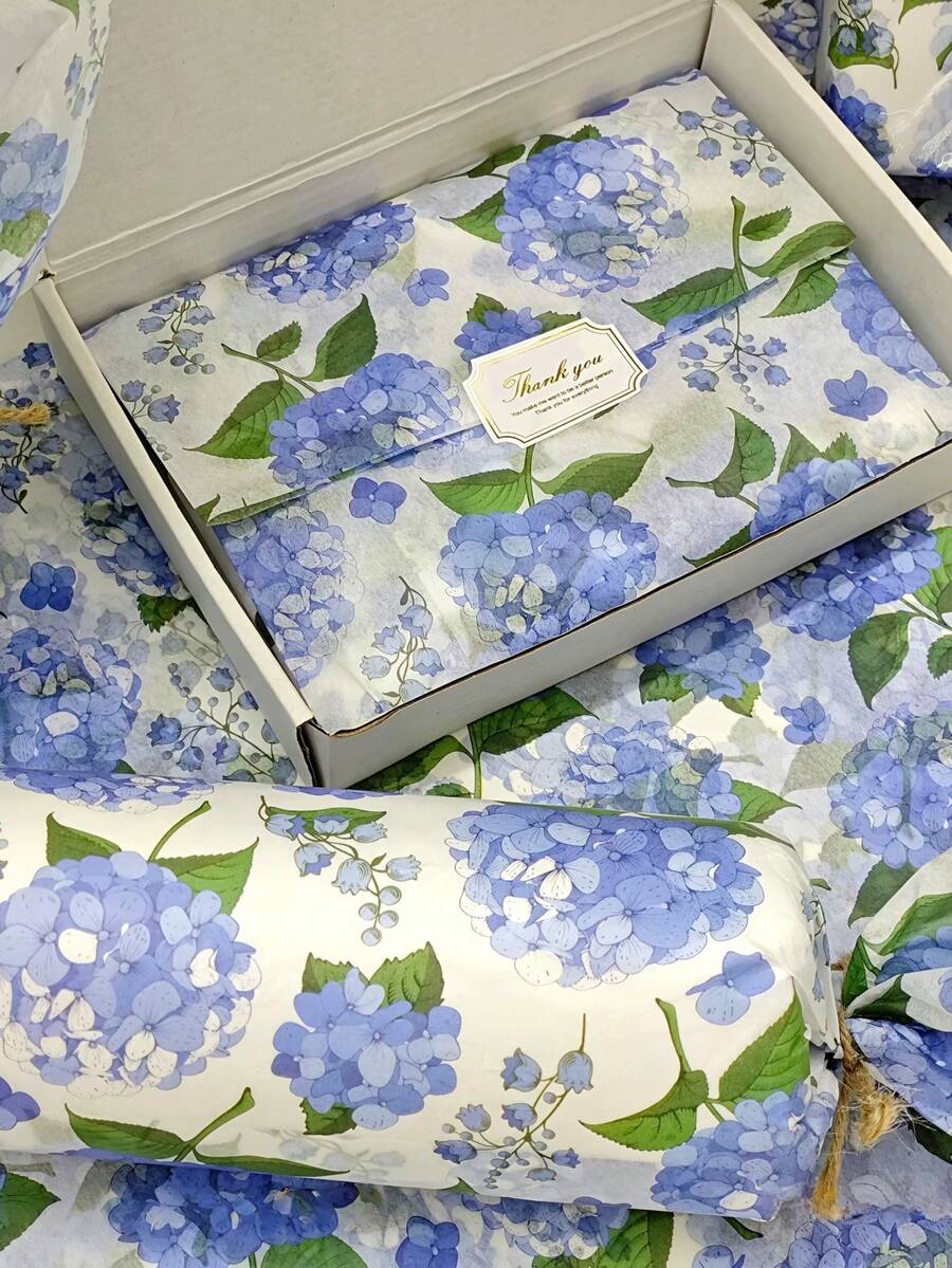 100张蓝色绣球花包装纸，花卉包装纸 - 适用于礼品包装、花束包装和DIY项目，50*30厘米（19.69英寸 x 13.78英寸）礼品包装纸，适合生日、派对和婚礼装饰、春季、花束包装、艺术和手工艺品、DIY、礼品袋，以及用于婚礼装饰和礼品袋填充的多功能装饰纸。 - 藍色繡球花 - 查看 1