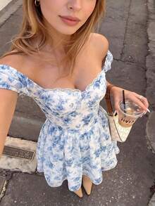 Đầm hoa màu xanh lãng mạn kiểu Pháp, thanh lịch, dịu dàng và ngọt ngào, thích hợp cho tiệc trà chiều. - Màu xanh lam - Xem 1