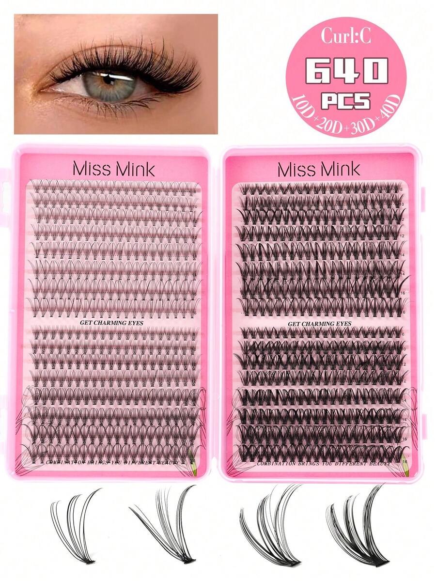 640簇自然柔软10D 20D 30D 40D高容量混合8-16mm 0.07mm C型卷翘浓密假睫毛DIY手工植绒假睫毛日常妆容卡通假睫毛全新升级礼盒套装包含睫毛簇、睫毛束、单根假睫毛、假睫毛 - C - 查看 1