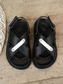 2026新款男童露趾凉鞋，休闲撞色交叉绑带平底拖鞋，儿童夏季防滑沙滩鞋 - 黑色 - 查看 8