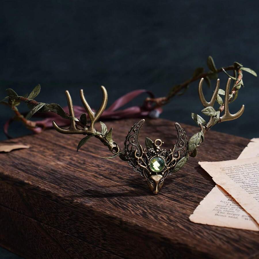 Handmade Fairy Antler Crown Elf Flower Headpiece Woodland Leaf Tiara Circlet Forest Headband For Renaissance Halloween Cosplay Festival Accessory Green - Multicolor - View 1