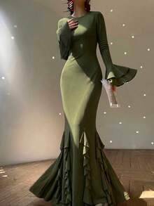 春季优雅时尚情人节派对礼服，女士荷叶边系带生日婚礼宴会鸡尾酒会礼服，度假修身派对服装 - 綠色 - 查看 1