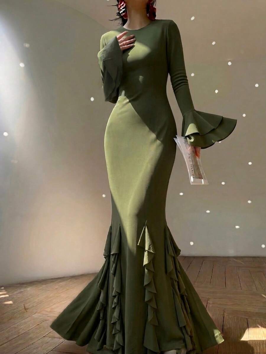 春季优雅时尚情人节派对礼服，女士荷叶边系带生日婚礼宴会鸡尾酒会礼服，度假修身派对服装 - 綠色 - 查看 1
